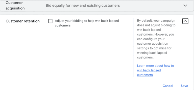 Win-back mode în Google Ads (beta)